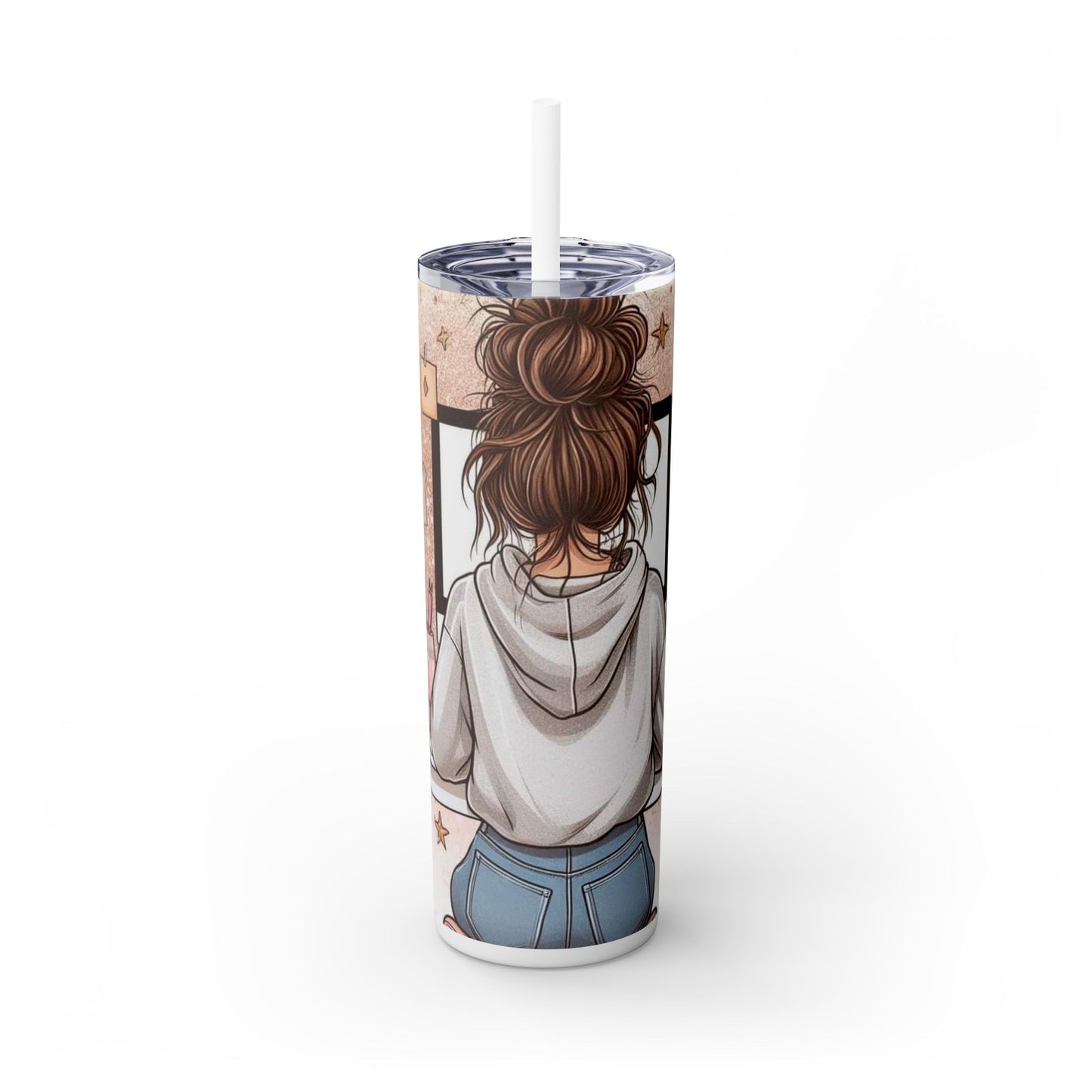 Lady working - Skinny Tumbler with Straw, 20oz