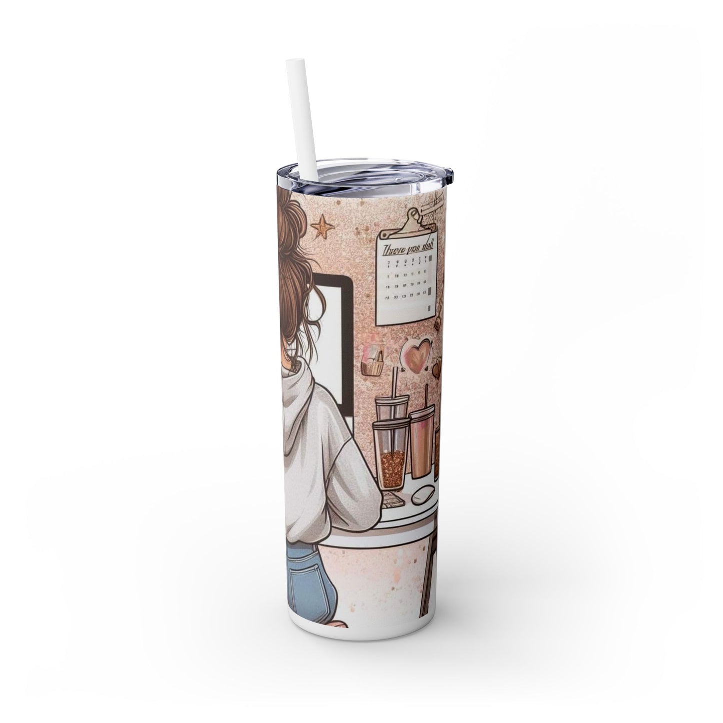 Lady working - Skinny Tumbler with Straw, 20oz