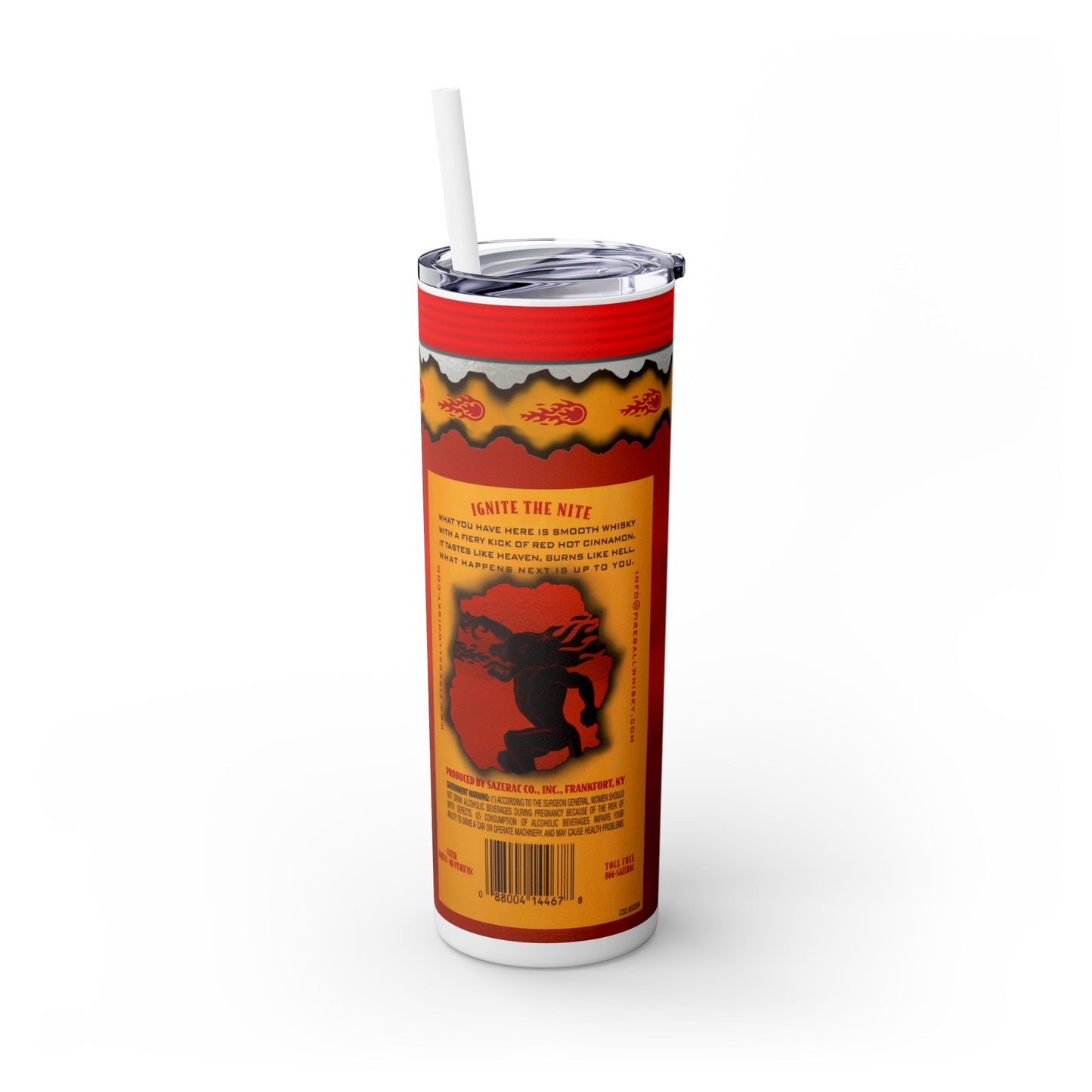 Fireball Bottle Design - Skinny Tumbler with Straw, 20oz