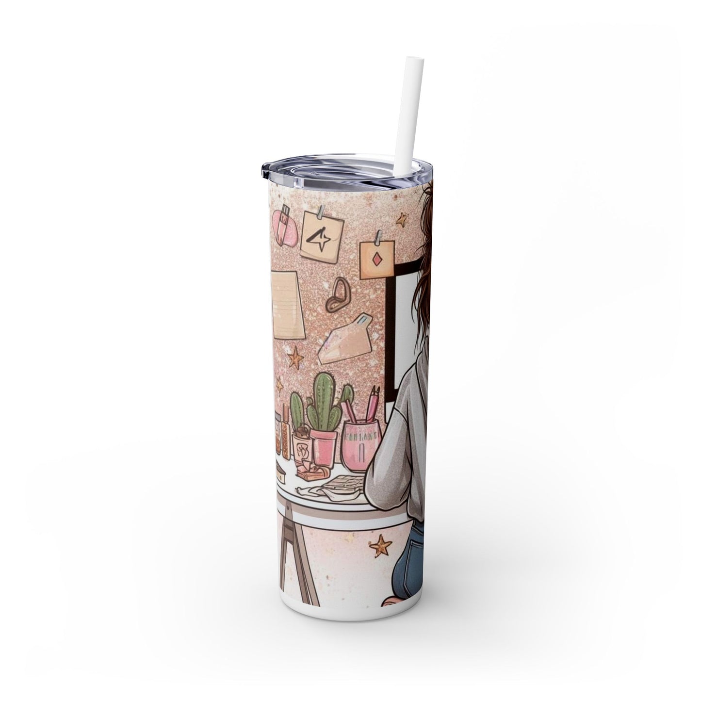 Lady working - Skinny Tumbler with Straw, 20oz